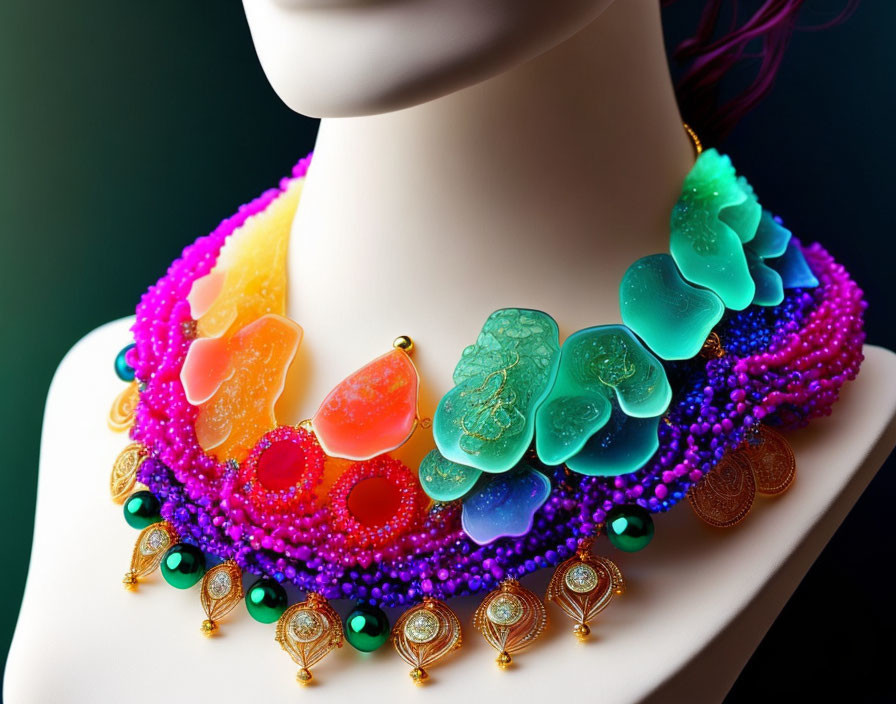 Multicolored Beaded Necklace with Gemstones and Gold Accents on Mannequin