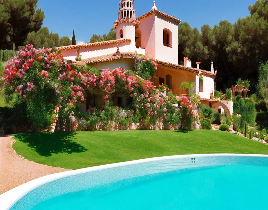 Charming Villa with Red-Tile Roof, Greenery, Pink Flowers, and Turquoise Pool