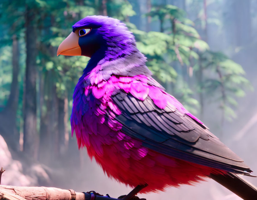 Vibrant purple bird with orange beak on misty forest branch