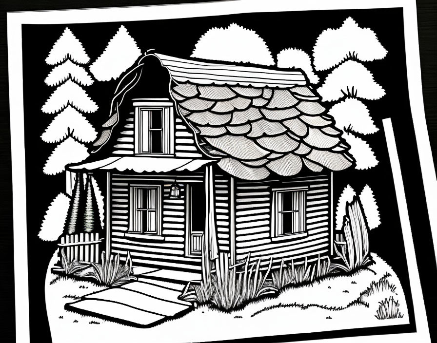 Monochrome drawing of rustic cabin in forest