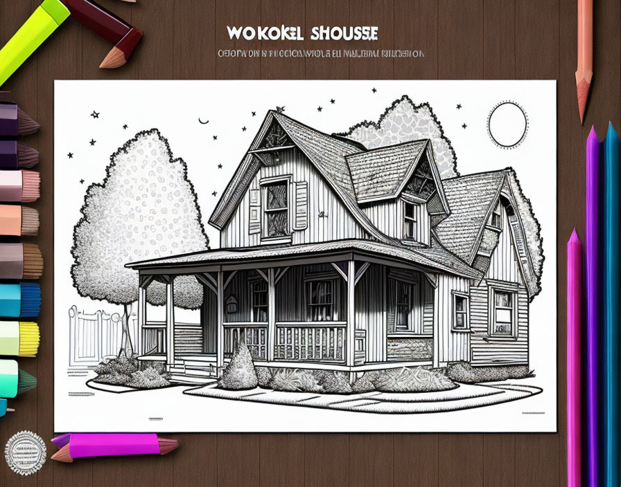 Detailed Victorian-style house coloring page on wooden surface