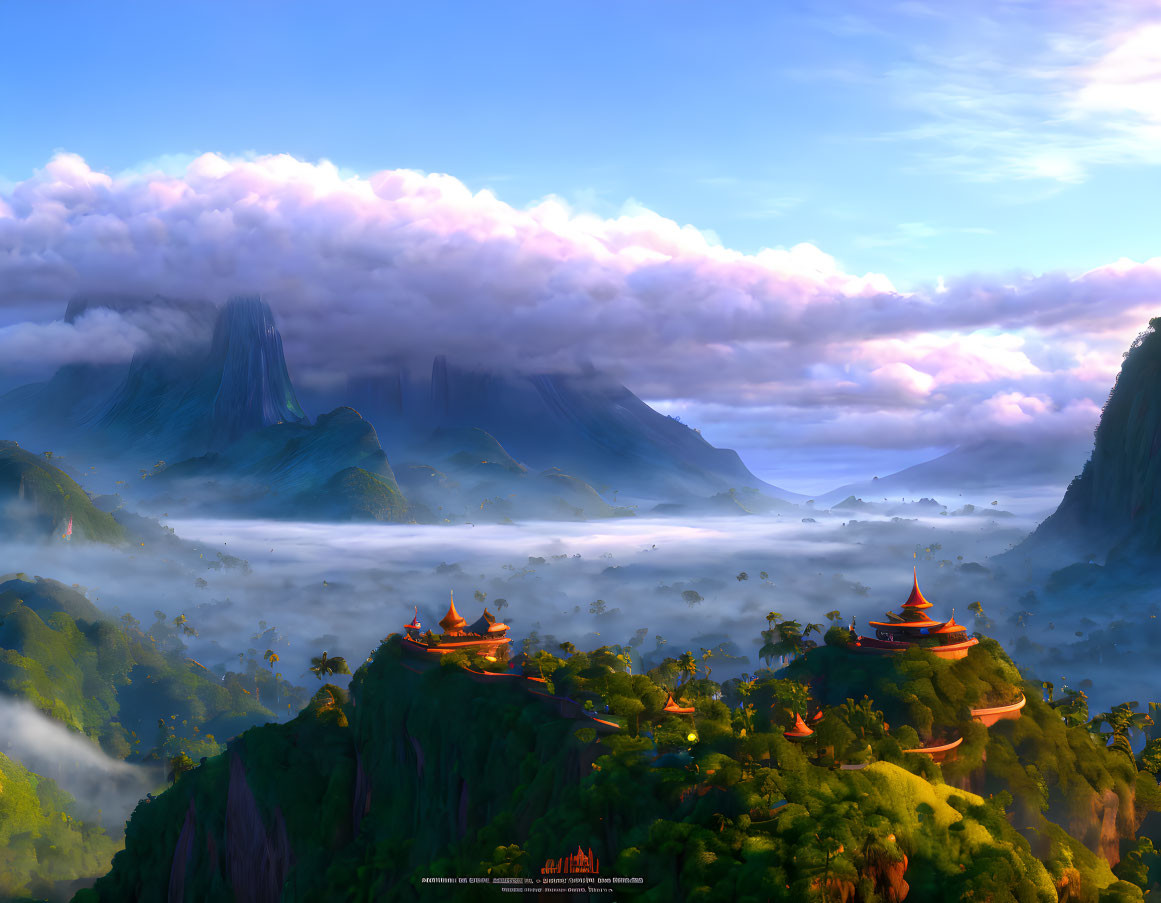 Misty fantasy landscape with mountains, pagodas, and lush green hills