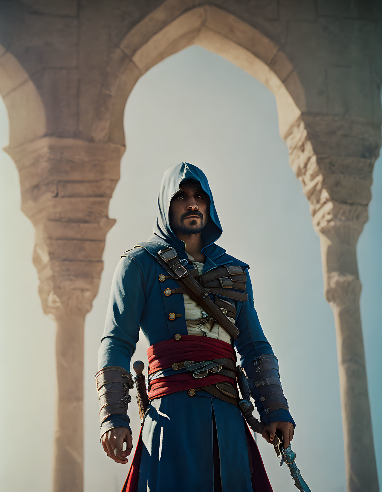 Blue Assassin in Hooded Outfit Standing Under Stone Arches with Sword