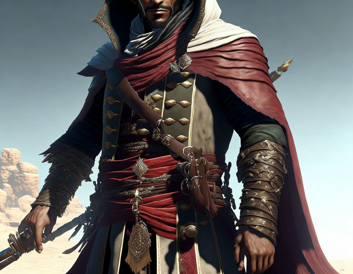 Character in white hoodie with red sash, arm bracers, and sword in desert setting.