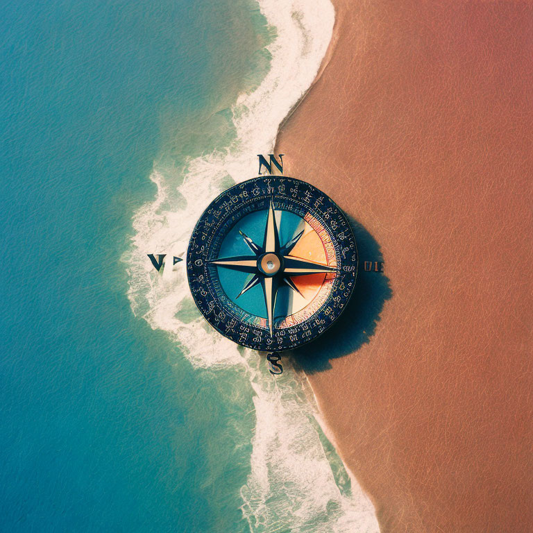 Aerial View of Beach with Compass on Shoreline