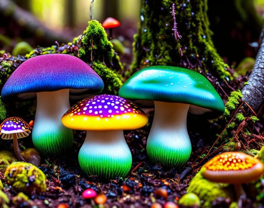 Colorful Fantastical Mushrooms in Mossy Forest Scene