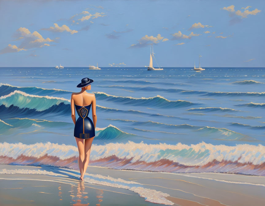 Person in Blue Swimsuit and Hat at Shoreline Watching Sailboats