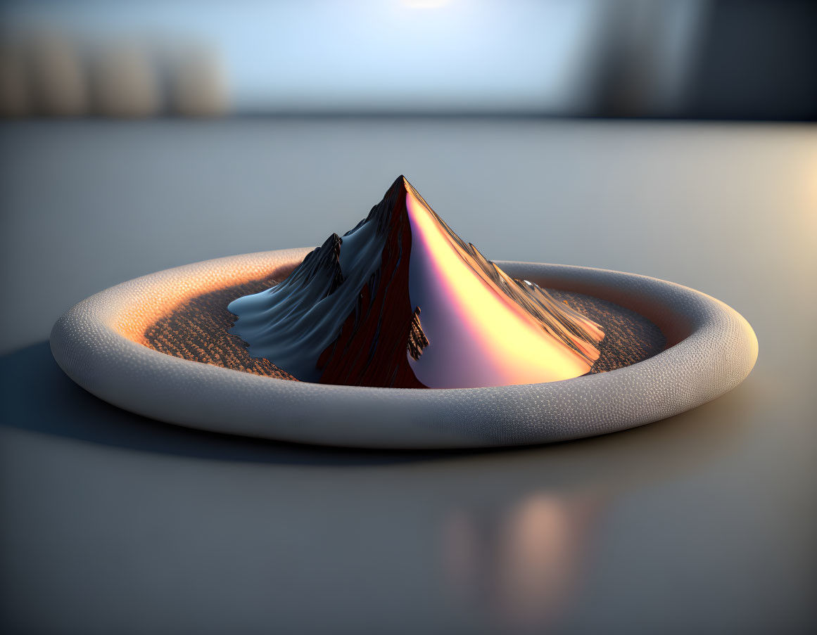 Miniature reflective mountain in textured orange and white light on elliptical base.