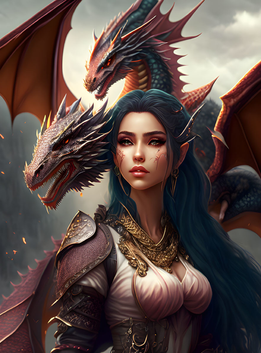 Digital illustration: Woman with teal hair and elven features with dragons under ominous sky