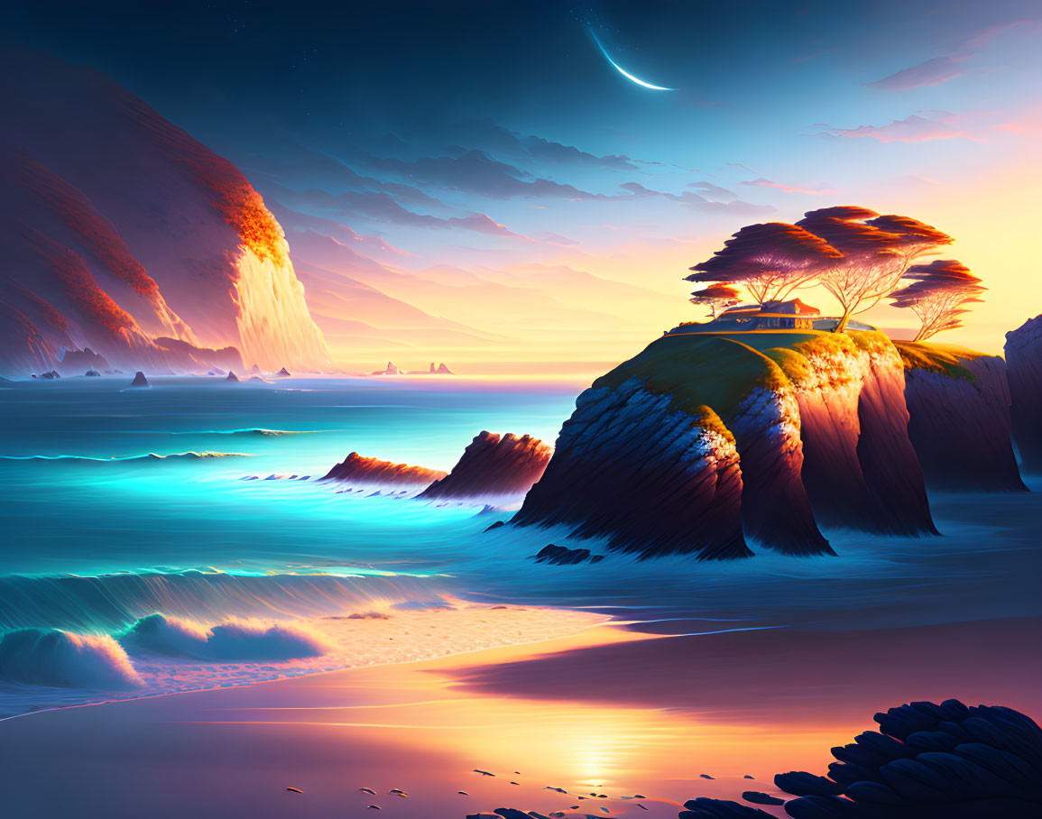 Surreal landscape with crescent moon, blue waves, beach, cliffs, and lone tree house