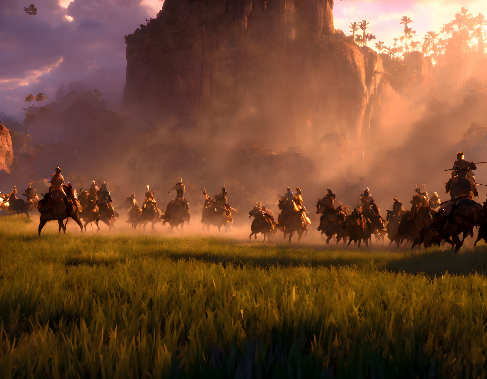 Animated warriors on horseback charging through grassy field at dawn