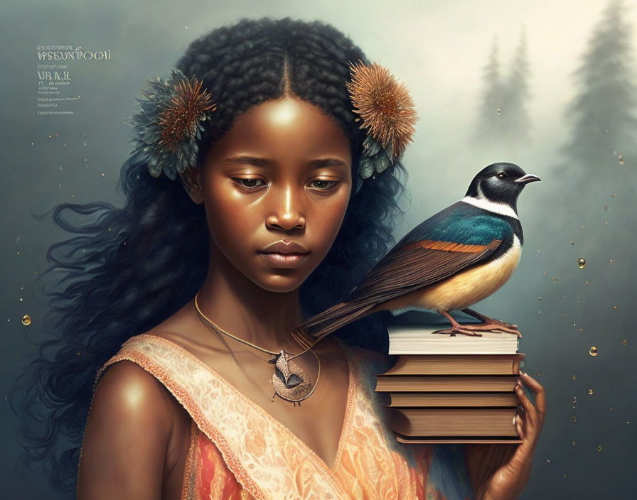 Serene girl with afro, flowers, colorful bird, books, forest backdrop