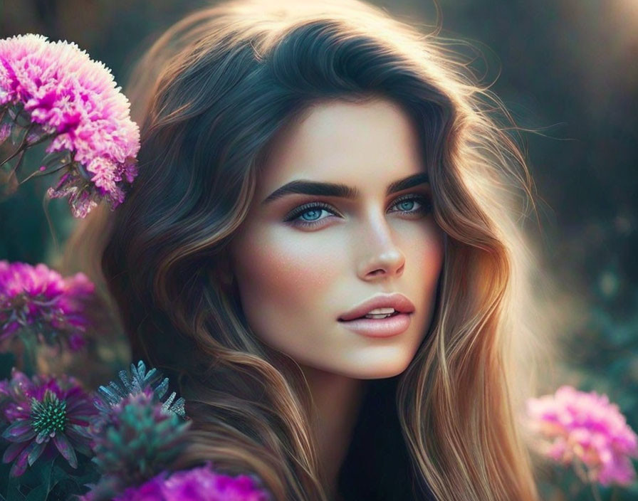 Woman with Striking Blue Eyes and Flowing Brown Hair Among Soft Pink Flowers