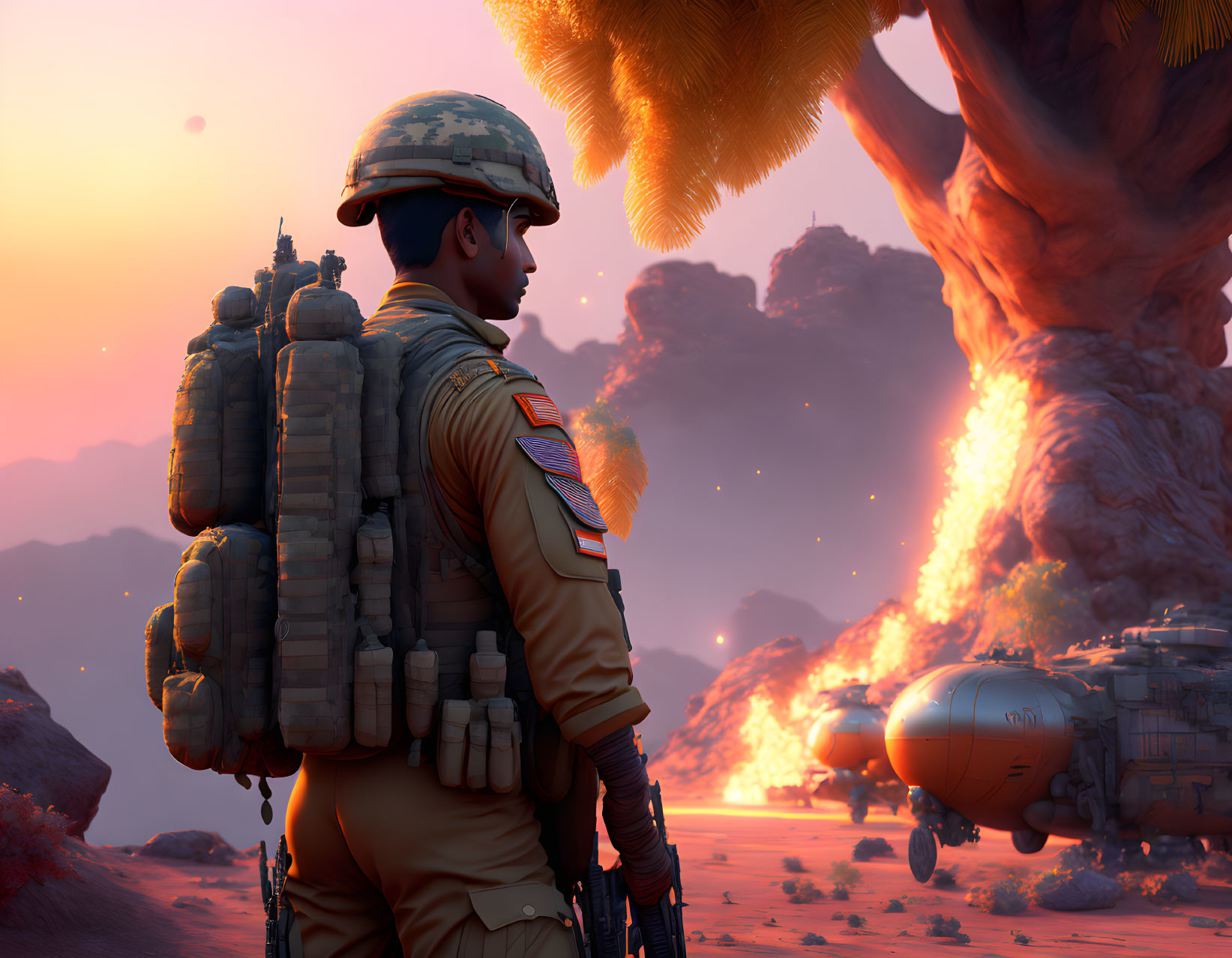 Soldier in gear observes rocky, fiery landscape with volcanic activity and futuristic vehicle under orange sky