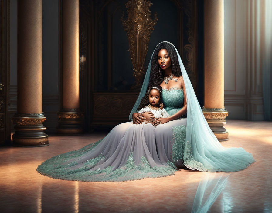 Woman in teal gown with veil holding child in grand room.