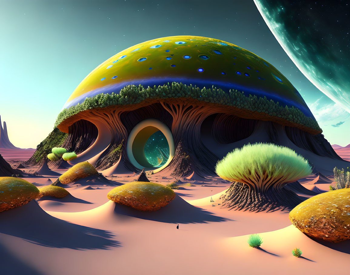 Alien landscape with giant mushroom portal under starry sky