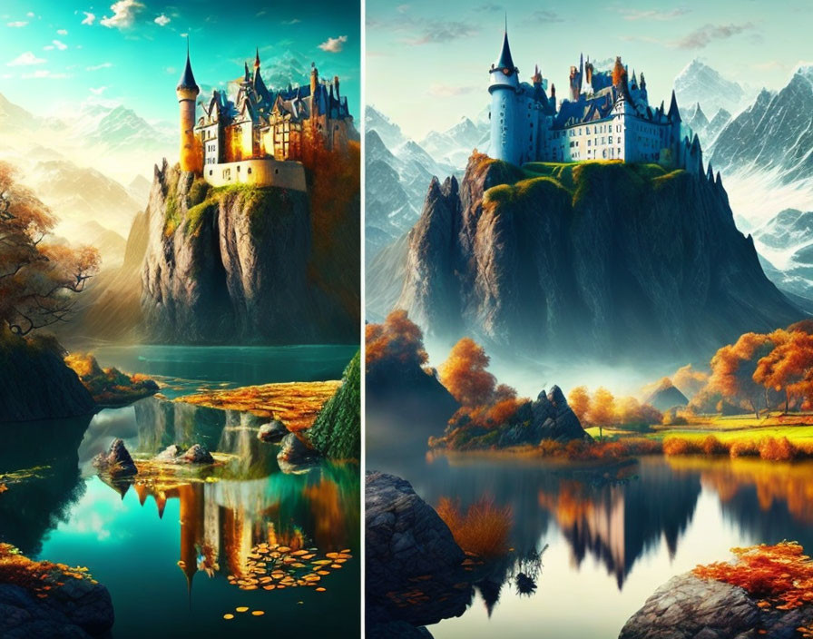 Fantasy Landscape with Cliff-Top Castles, Mountains, Autumn Trees, and Reflective Lake