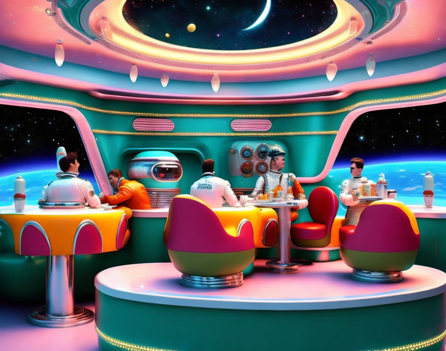 Colorful Retro-Futuristic Diner with Cosmic Theme