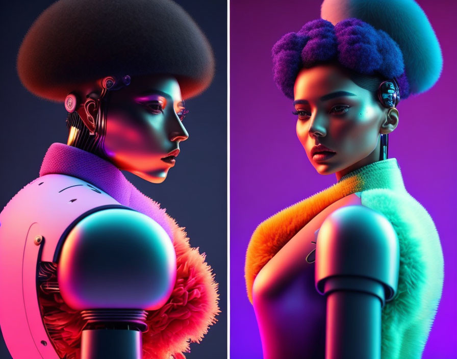 Futuristic female androids with afro hair under neon lights