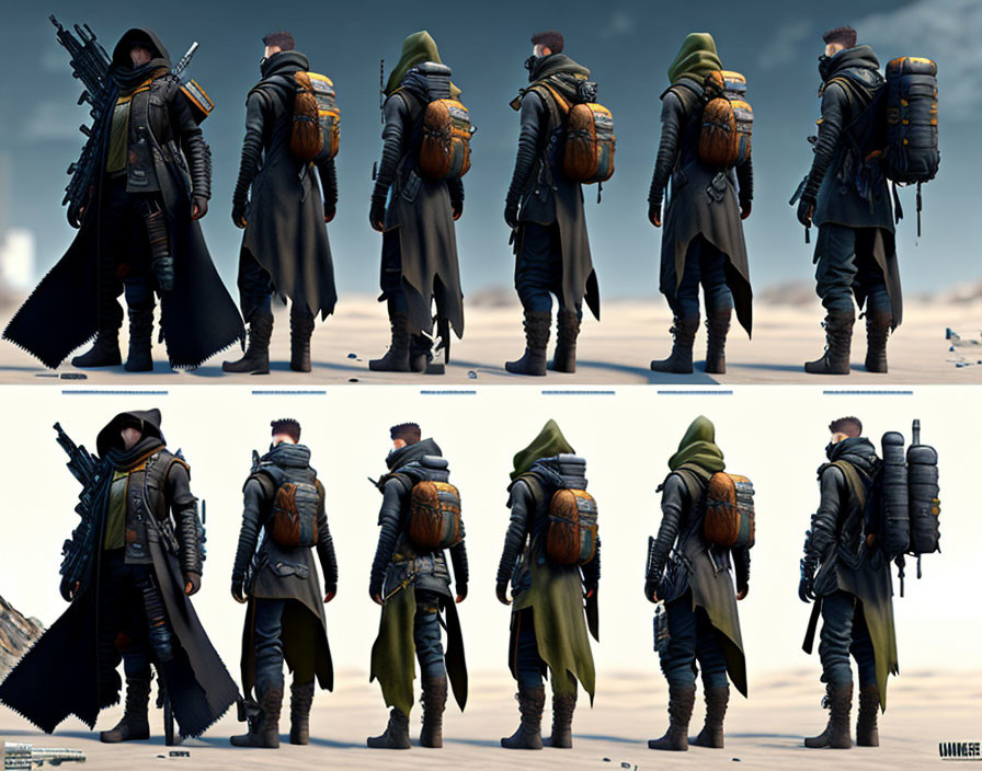 Character concept art: Hooded figure with rifle, cloak, backpack in four views