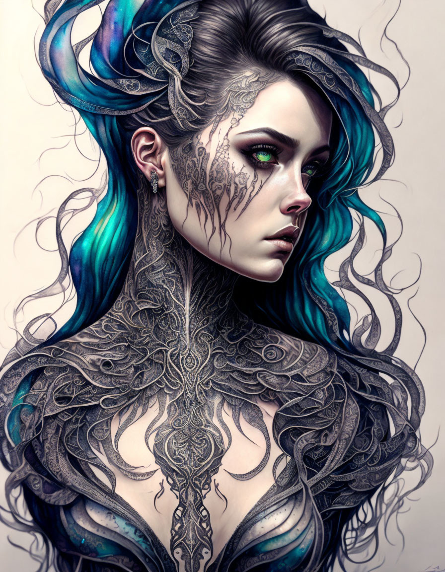 Illustration: Woman with Blue and Black Flowing Hair, Intricate Tattoos, Green Eyes