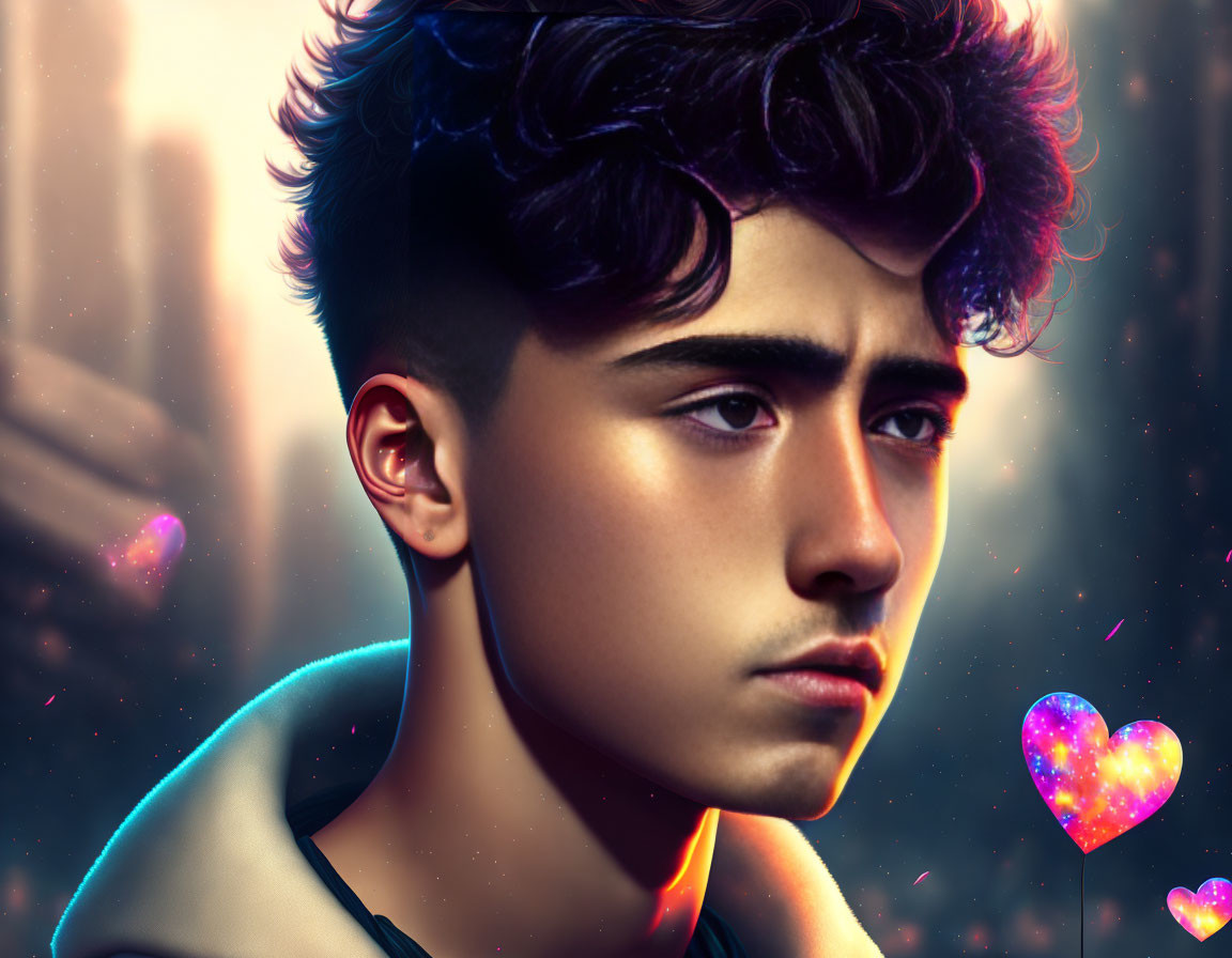 Young man with dark hair in profile against cityscape with floating neon hearts.