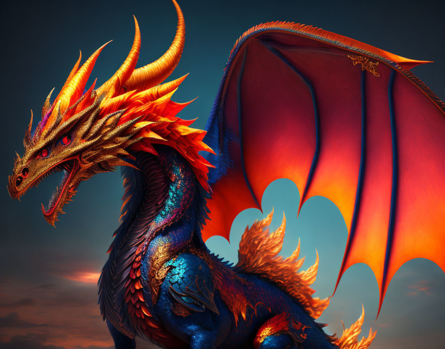 Colorful Dragon with Orange Horns and Blue Scales in Twilight Sky