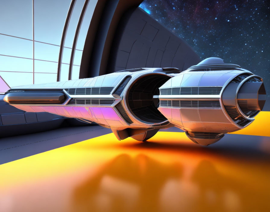 Futuristic spaceship with twin engines on launch pad in space setting