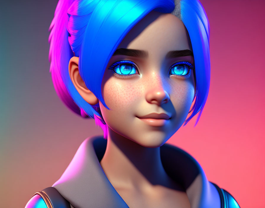 Vibrant Blue Hair 3D Animated Character with Freckles