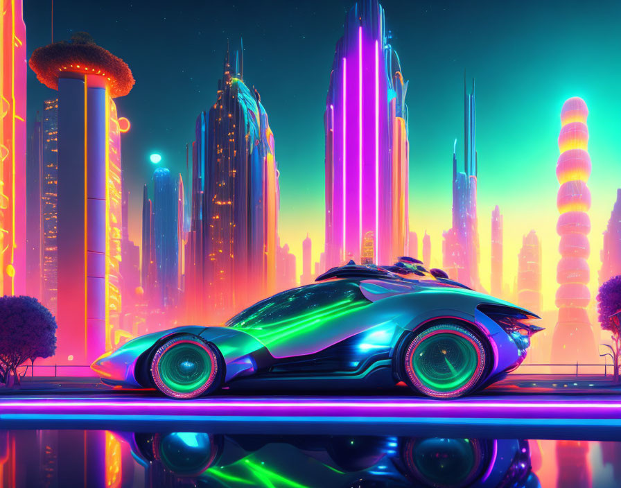 Futuristic car with neon accents in vibrant cityscape at dusk