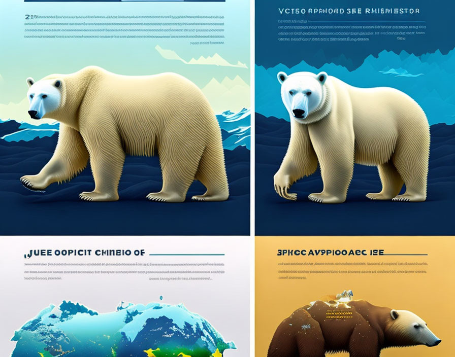 Four-section graphic featuring polar bear artwork on stylized backgrounds with text blocks