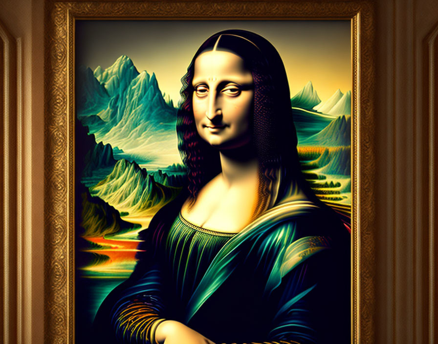 Vibrant Mona Lisa reinterpretation against mountain backdrop