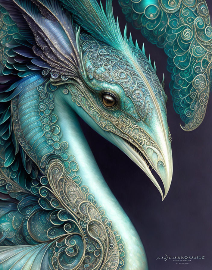 Detailed turquoise dragon illustration with ornate scales and feathers.