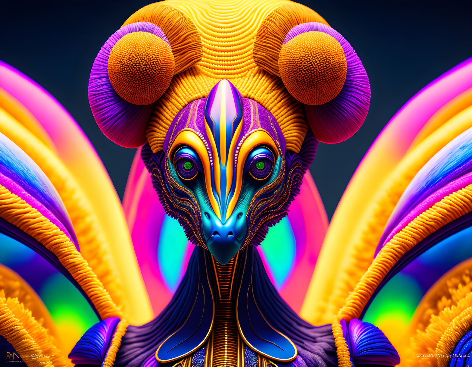 Symmetrical alien creature with vibrant colors and elaborate head ornaments