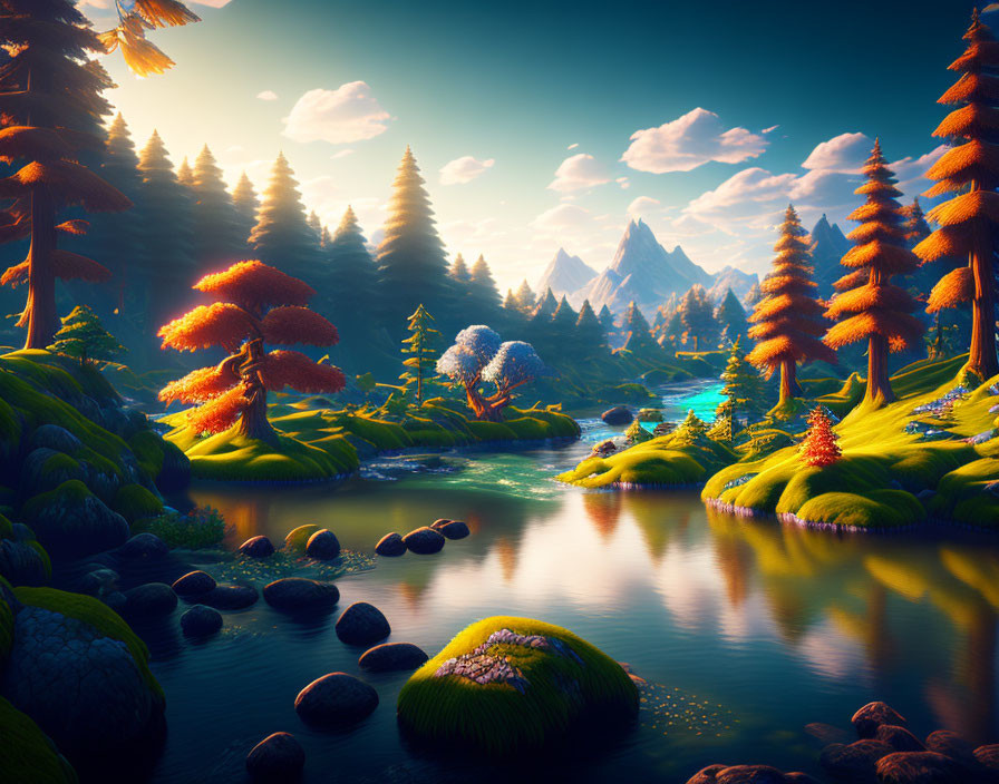 Serene River in Vibrant Forest Scene