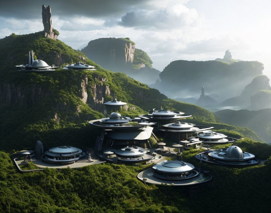 Futuristic city with dome-shaped buildings in green mountain landscape