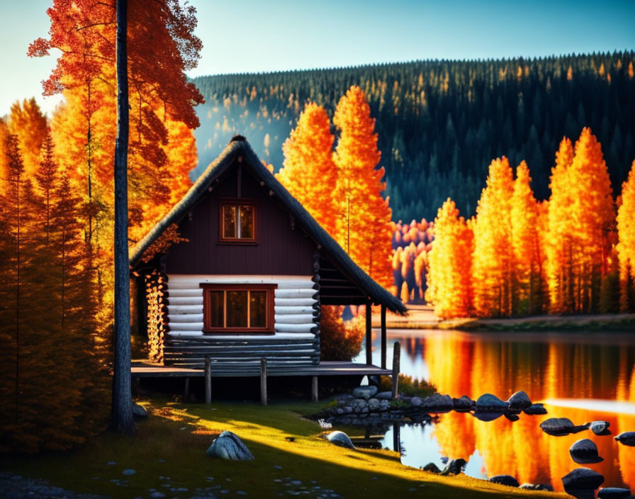 Rustic log cabin near serene lake in autumn forest landscape