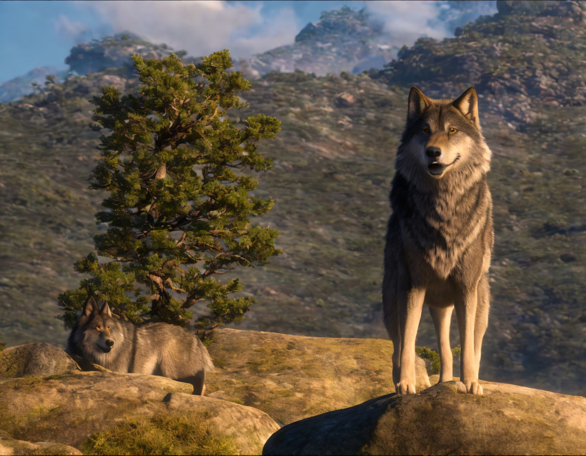 Two wolves on rocks with pine tree and mountains against blue sky