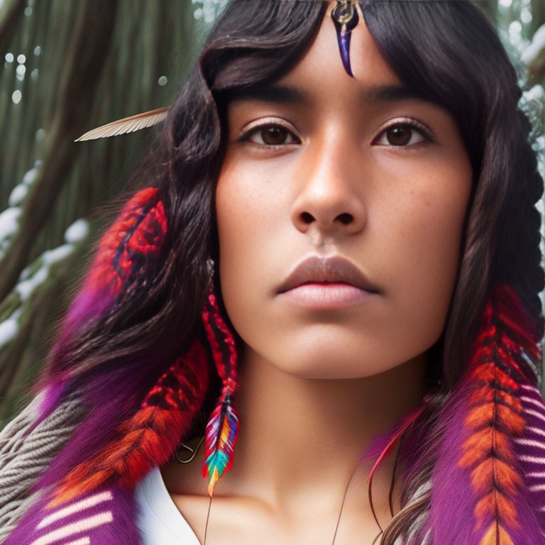 Woman with feather earrings and headpiece gazes contemplatively.