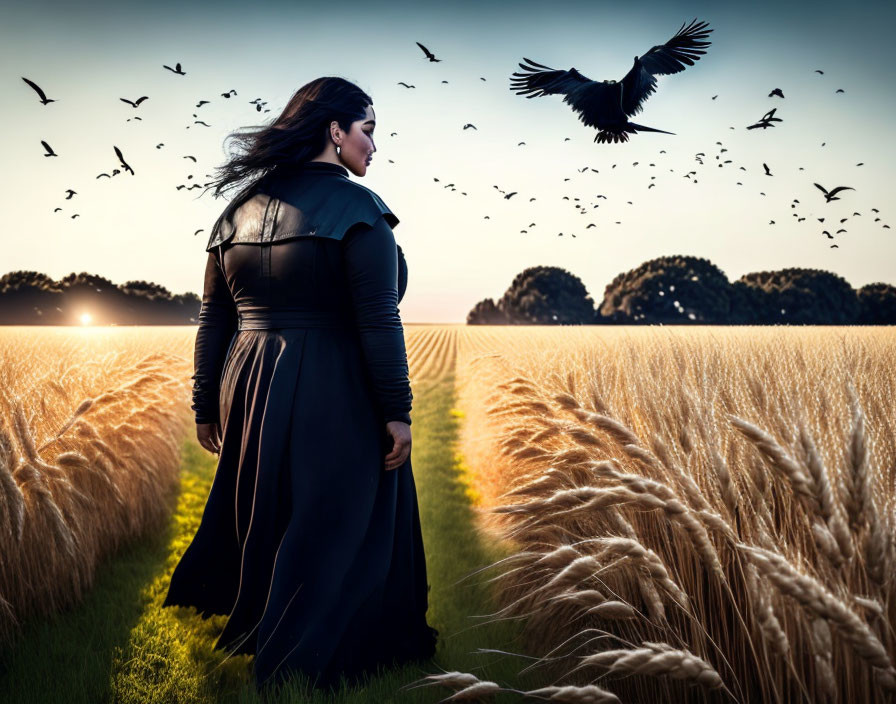 Woman in dark dress in golden wheat field at sunset with flock of birds