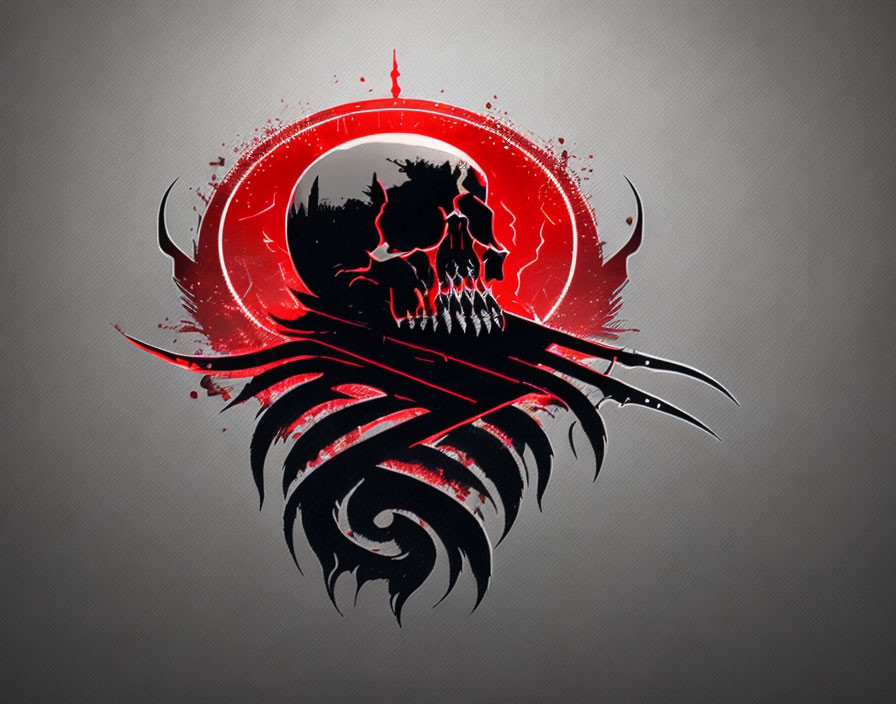 Stylized red and black skull graphic with abstract wings on textured grey background