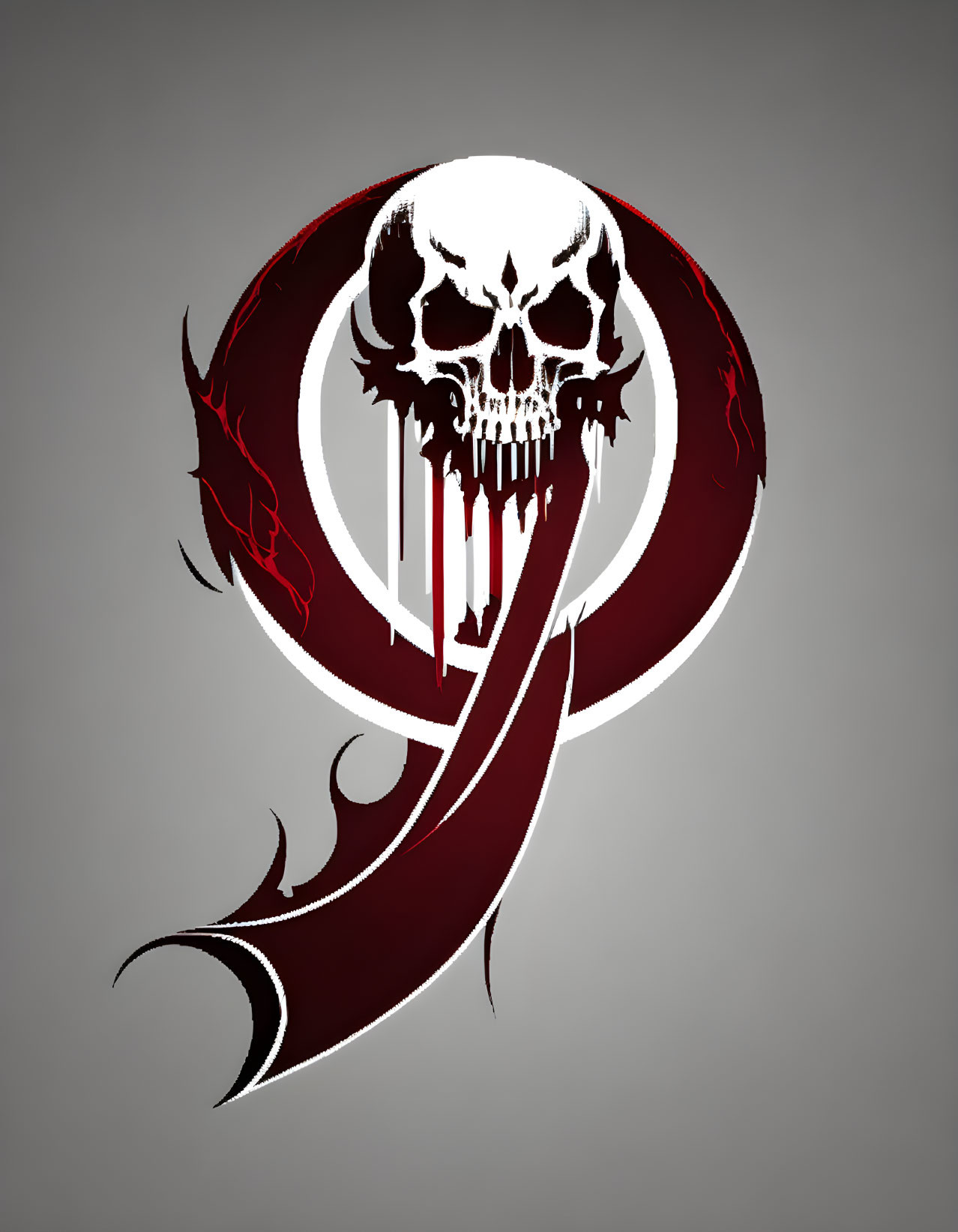 Stylized white skull in red and black emblem on gray background