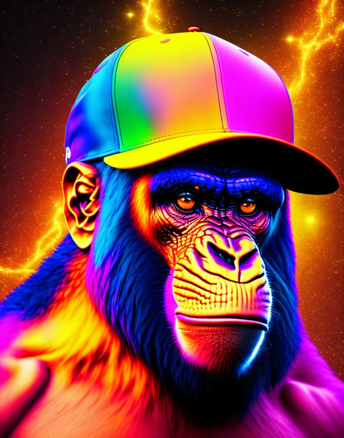 Colorful Chimpanzee in Rainbow Cap on Cosmic Background