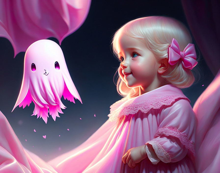 Blonde girl in pink dress with pink ghost on pink-purple background