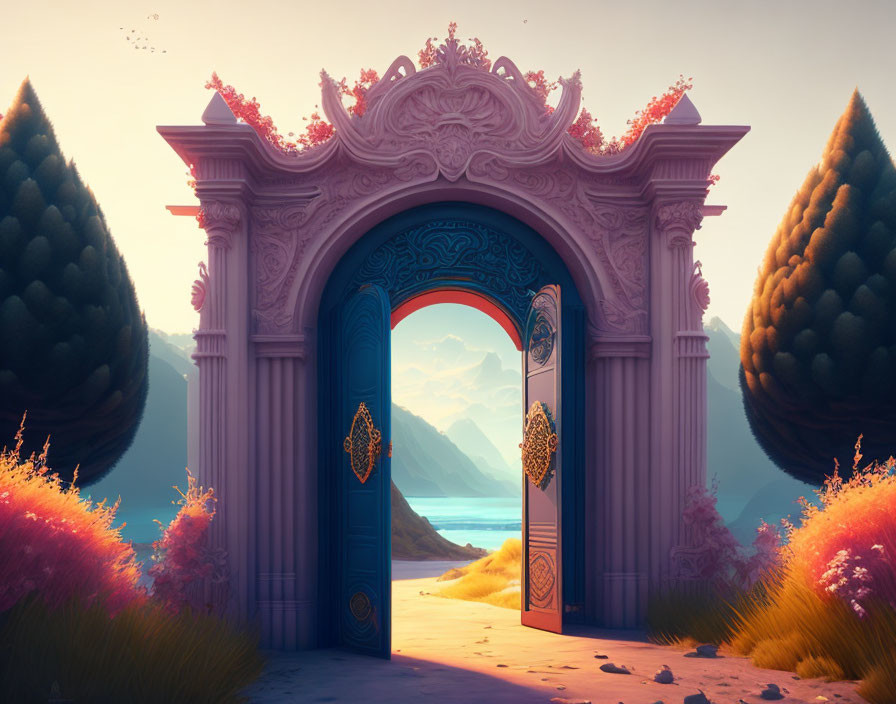 Ornate archway revealing tranquil landscape with mountains, lake, and stylized trees