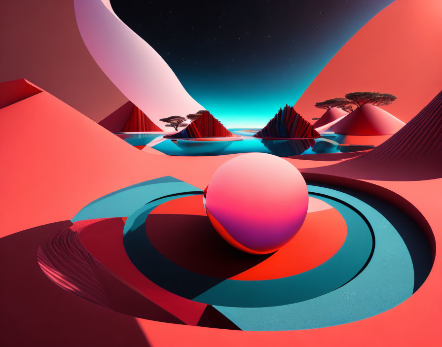 Surreal digital art landscape with reds, central sphere, trees, and day-night sky.