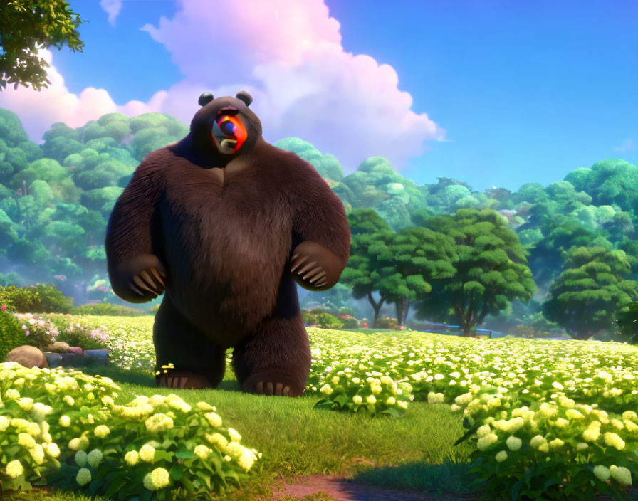 Shocked animated bear in sunny meadow with trees & flowers