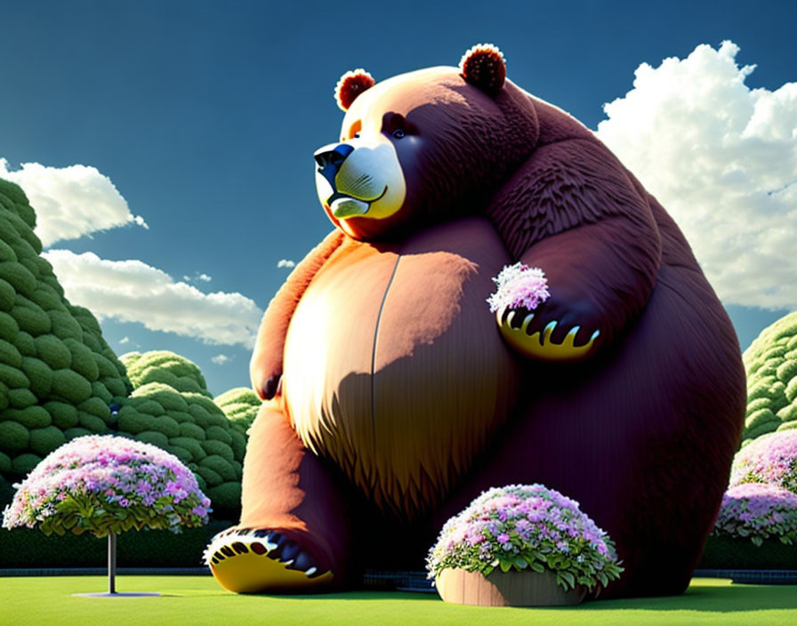 Giant Cartoon Bear in Stylized Landscape with Trees and Flowers