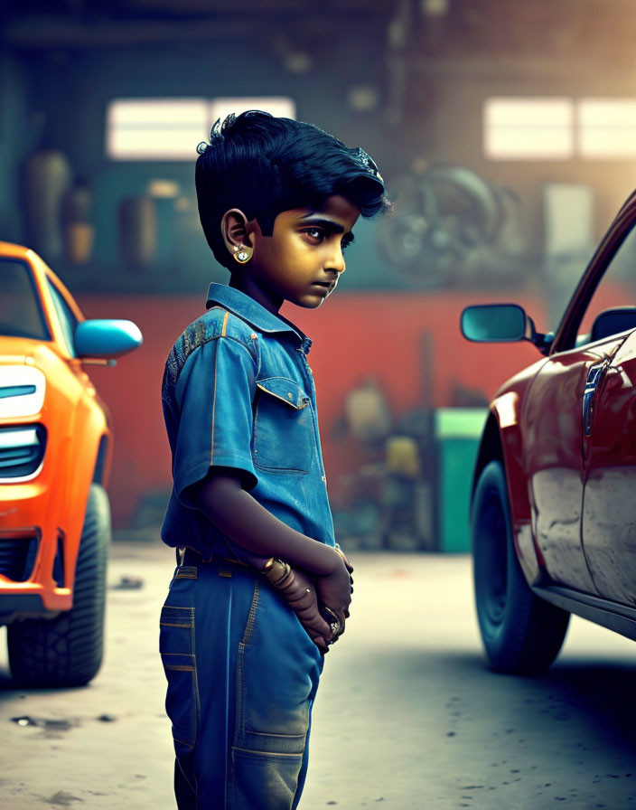 Young boy in denim outfit surrounded by toy and real cars in workshop with soft lighting