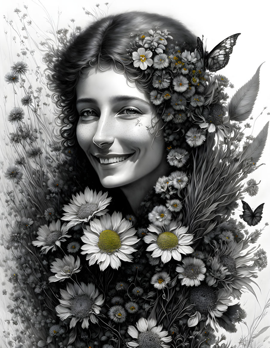 Smiling woman with flowers and butterflies in monochromatic portrait